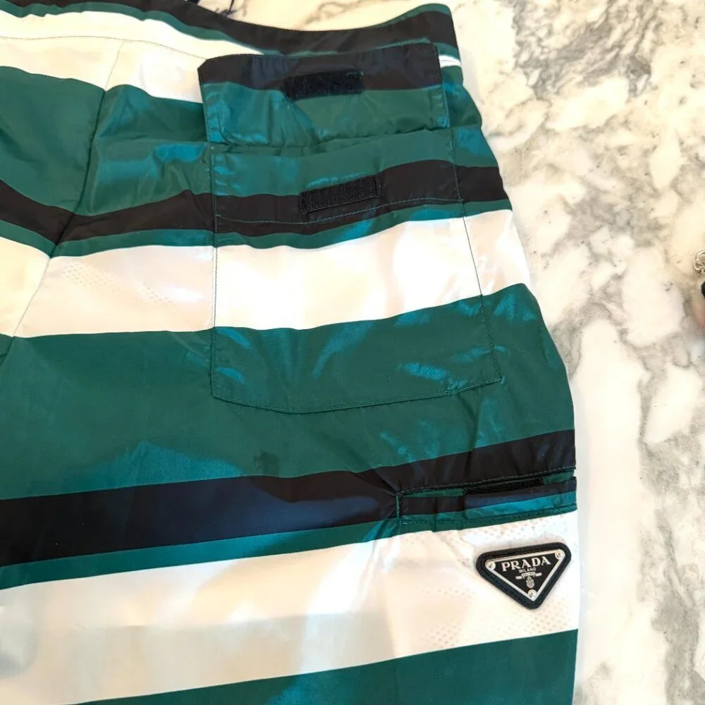 PRADA UB334 Men's Green Boxer Baiadera Nylon Striped Swim Suit Sz. 50- 34